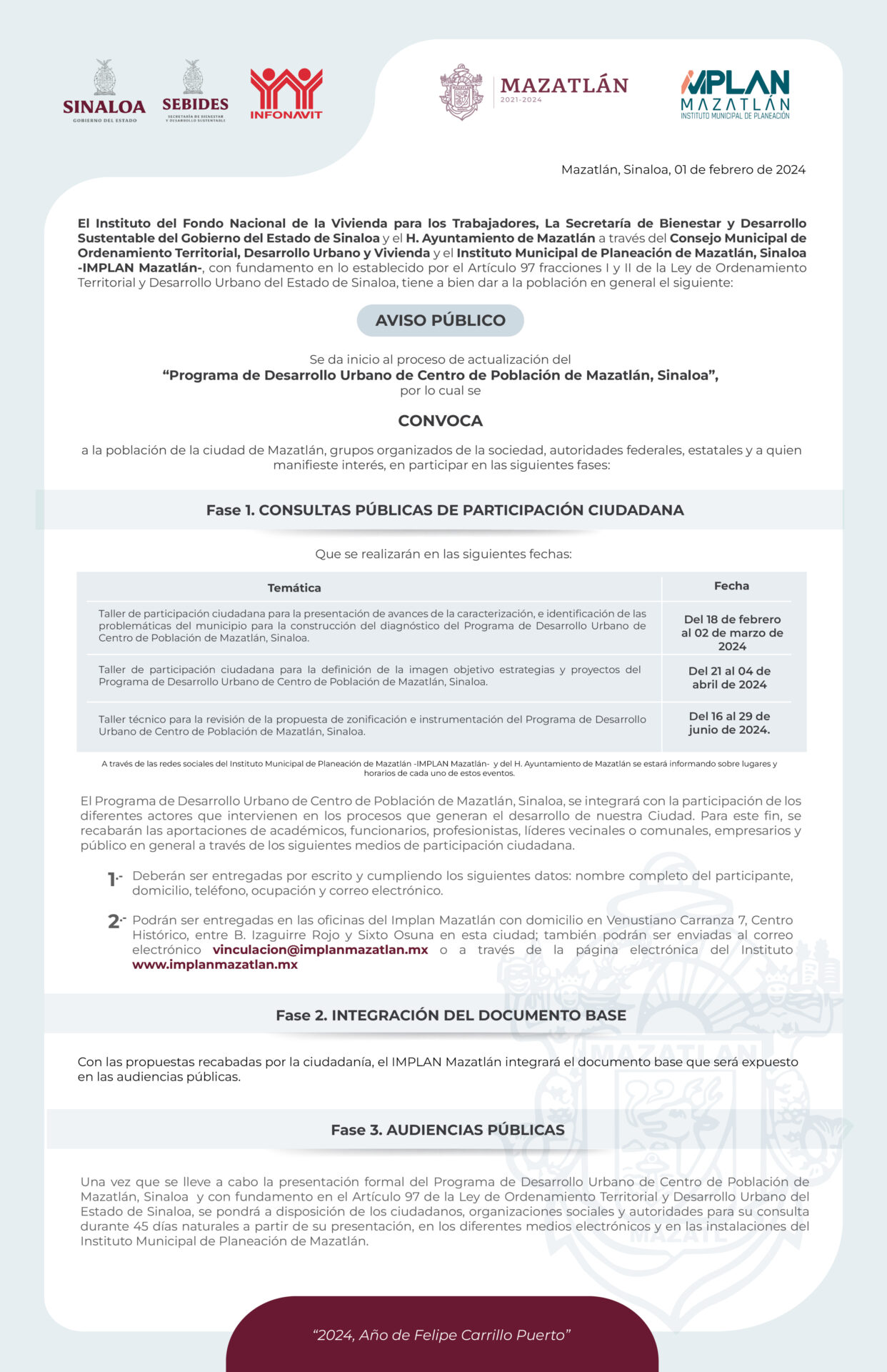 INICIAN OFICIALMENTE TRABAJOS DEL PROGRAMA DE DESARROLLO URBANO DEL CENTRO DE POBLACIÓN EN MAZATLÁN.