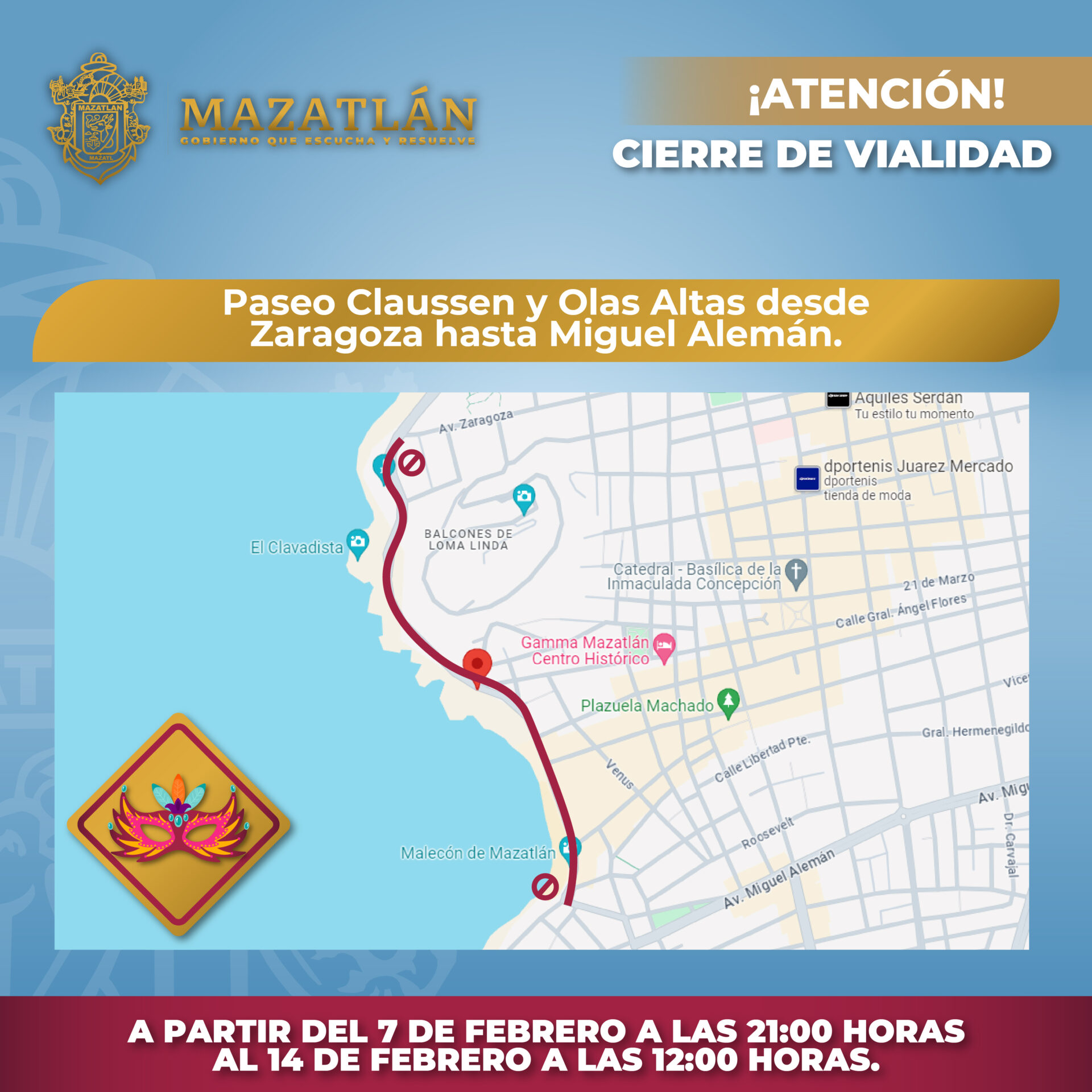 PASEO CLAUSSEN Y OLAS ALTAS SERÁN CERRADOS A LA CIRCULACIÓN A PARTIR DE ESTE MIÉRCOLES POR LA NOCHE.