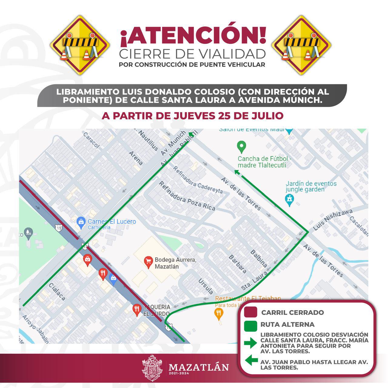 Por avance en trabajos de construcción de puente vehicular, ampliarán el tramo cerrado a la circulación en Libramiento Colosio.