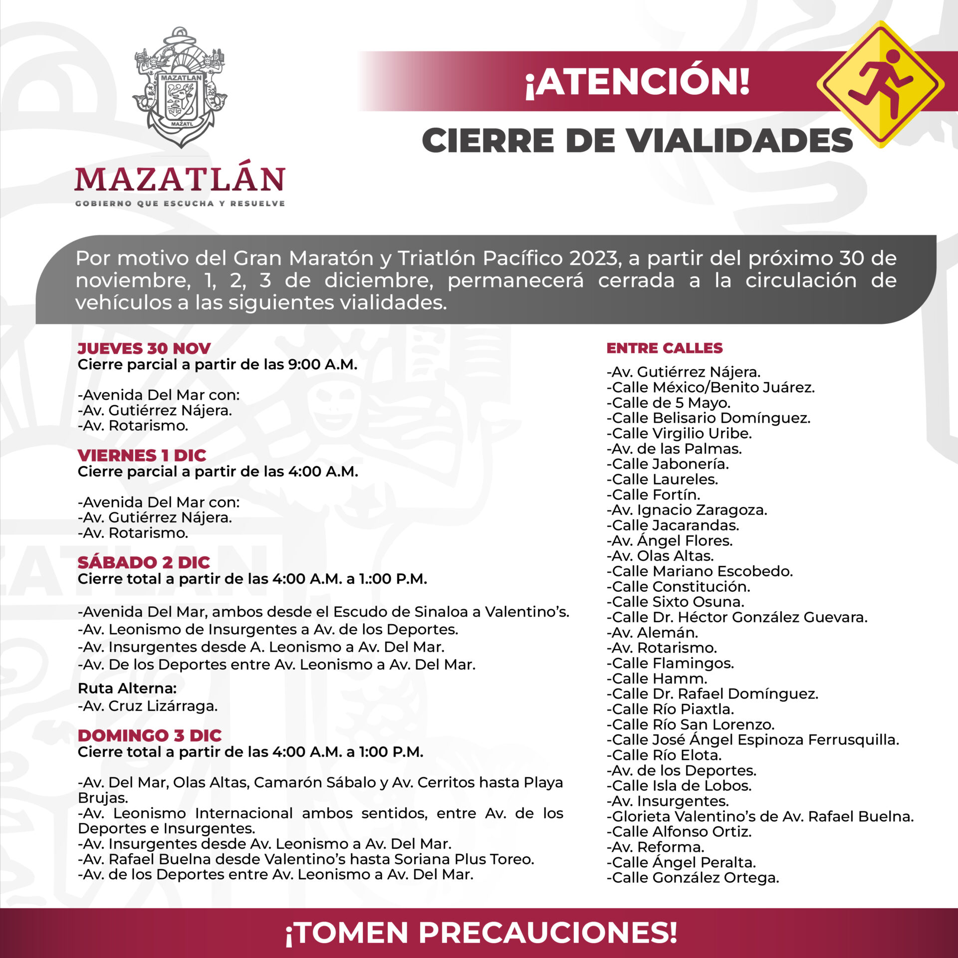 Por Maratón y Triatlón, vialidades aledañas a la Avenida del Mar serán cerradas a la circulación este fin de semana.